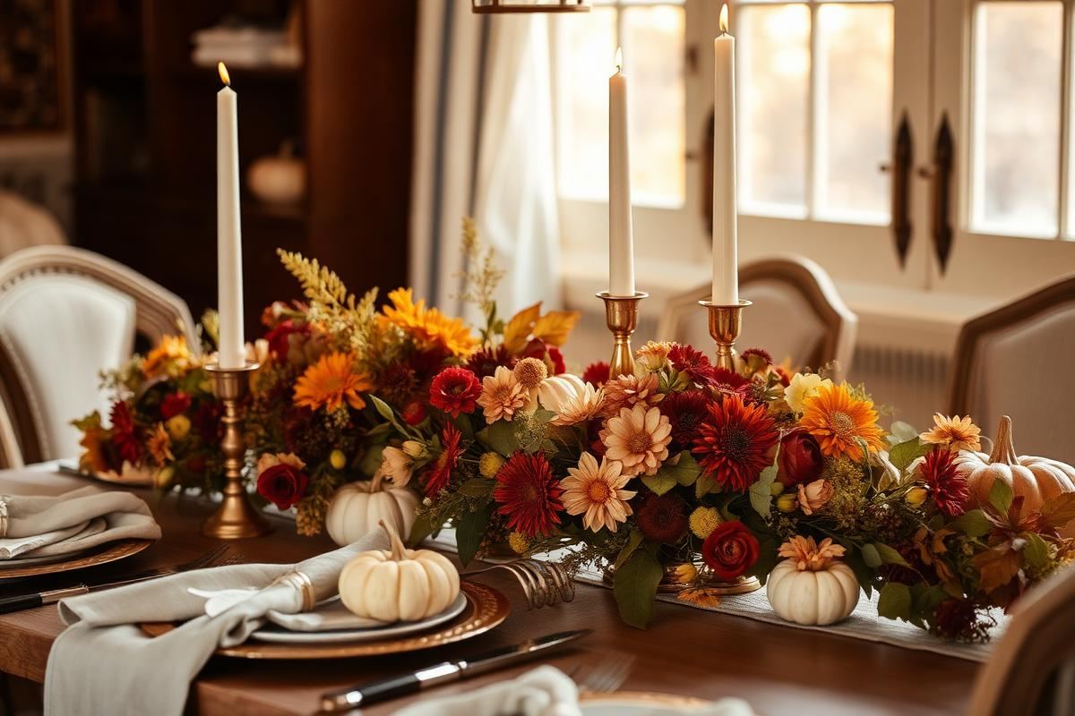 Thanksgiving table with autumn florals and brass candlesticks