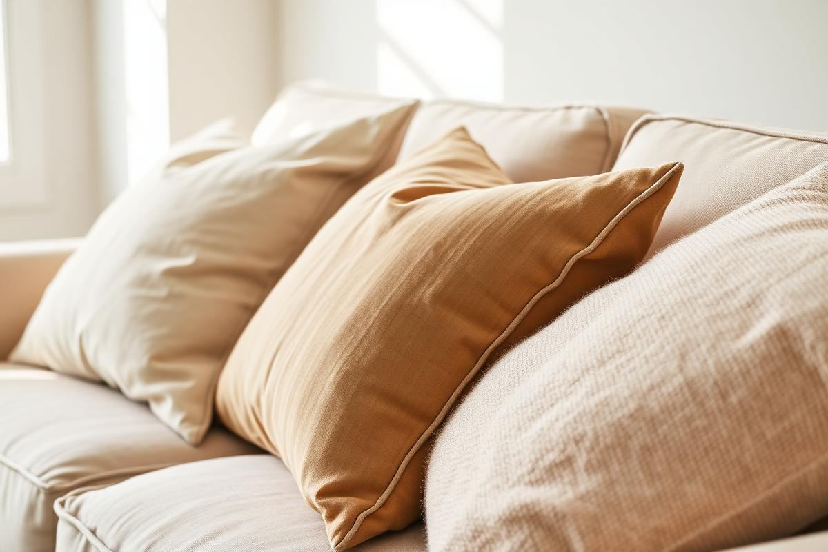 Sofa styled with mixed textured throw pillows