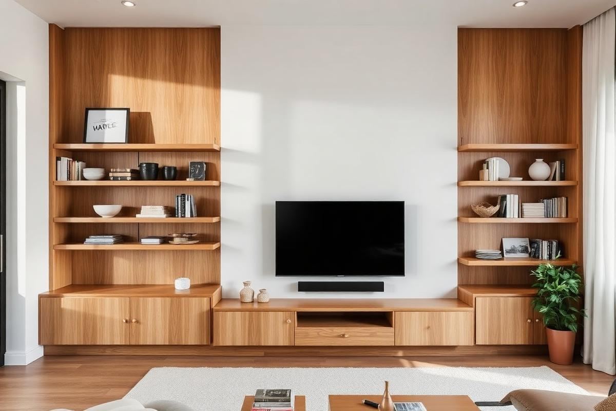 Living room TV wall with wall-mounted television set into warm oak millwork and open shelves