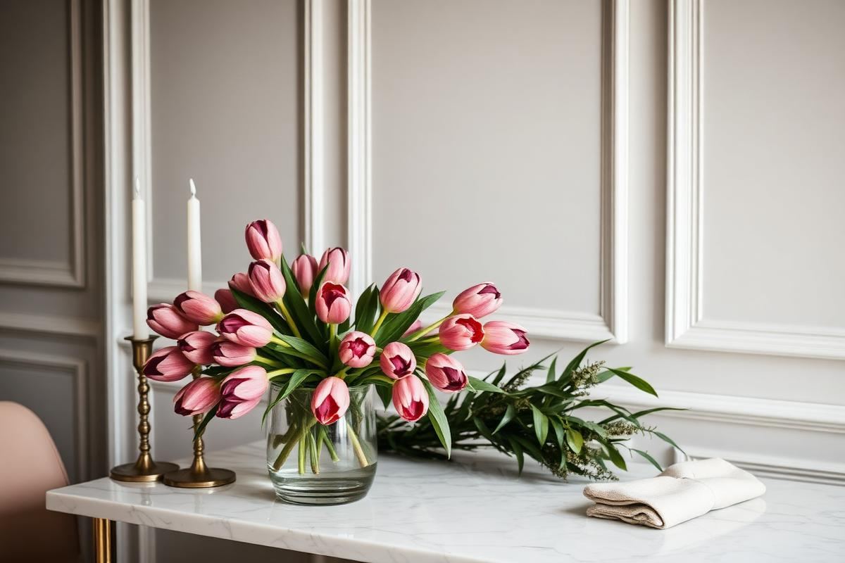 Elegant Valentine's table with dusty rose linen, taper candles, and a low arrangement of ranunculus and eucalyptus