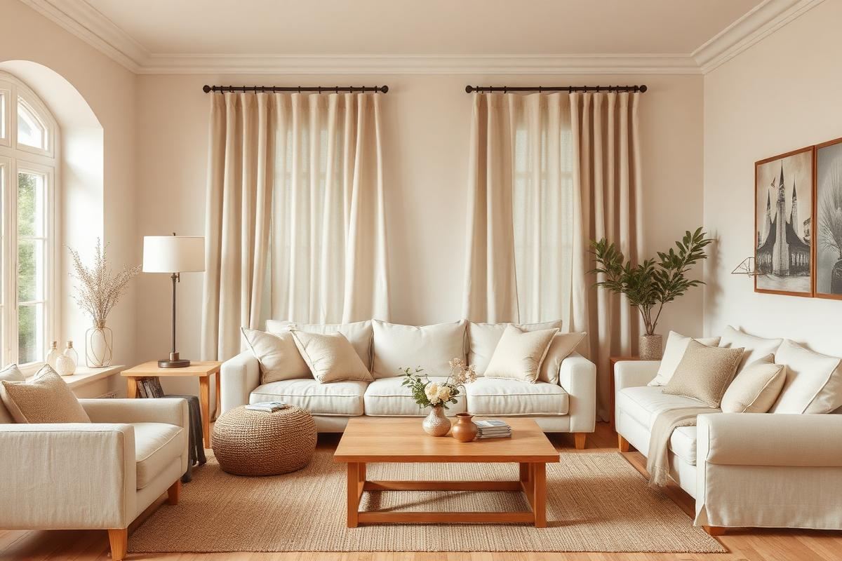 Warm neutral living room with cream sofa and wood accents