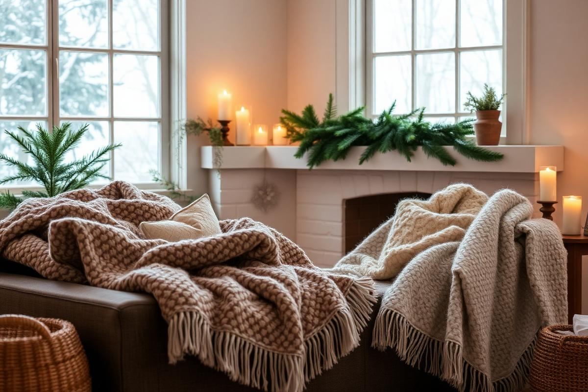 Winter living room with chunky throws and evergreens