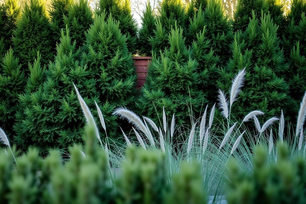 Layered backyard privacy screen with evergreen shrubs, ornamental grass, and a hidden cedar slatted panel.
