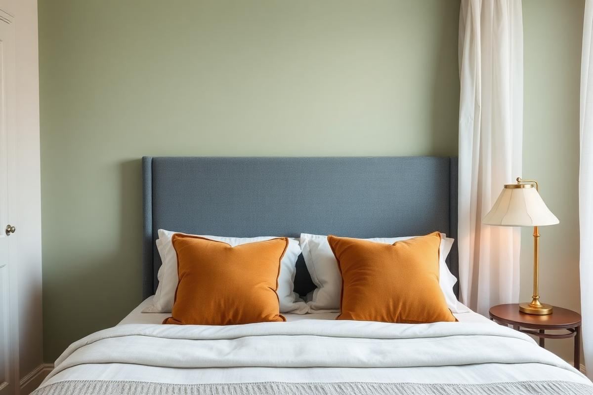A tranquil bedroom with a sage green accent wall, denim blue headboard, and soft yellow pillows bathed in natural light.