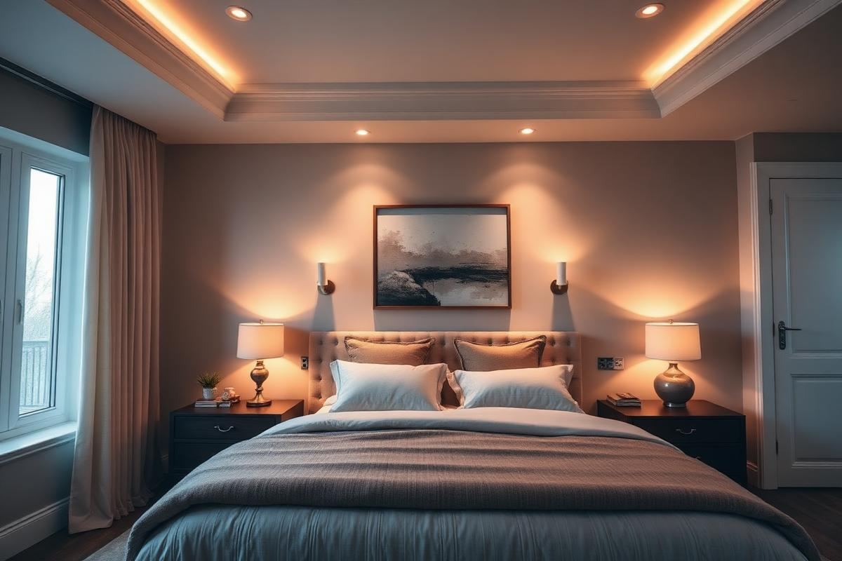 A master bedroom showcasing smart layered lighting: glowing bedside lamps, soft ceiling downlights, and an illuminated artwork.