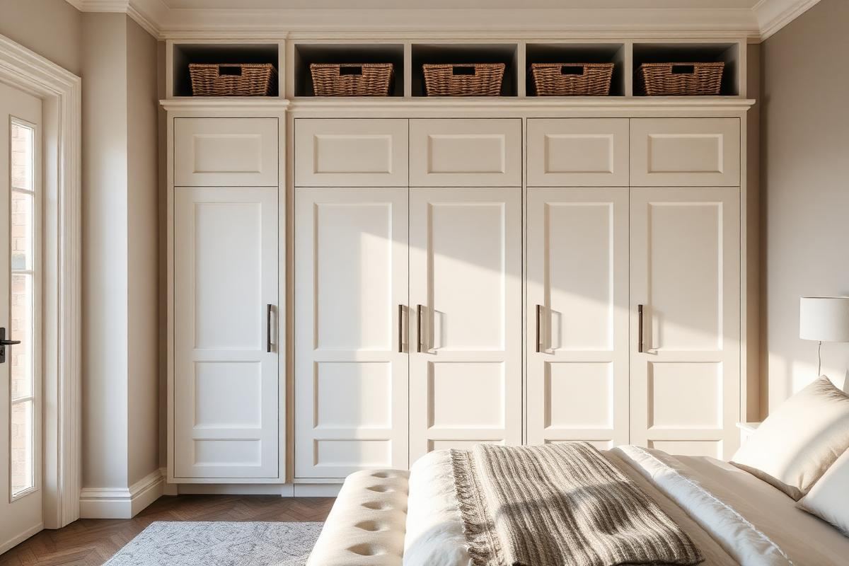 Bedroom wall of built-in wardrobes with matching woven baskets on the top shelf and a storage bench at the foot of the bed