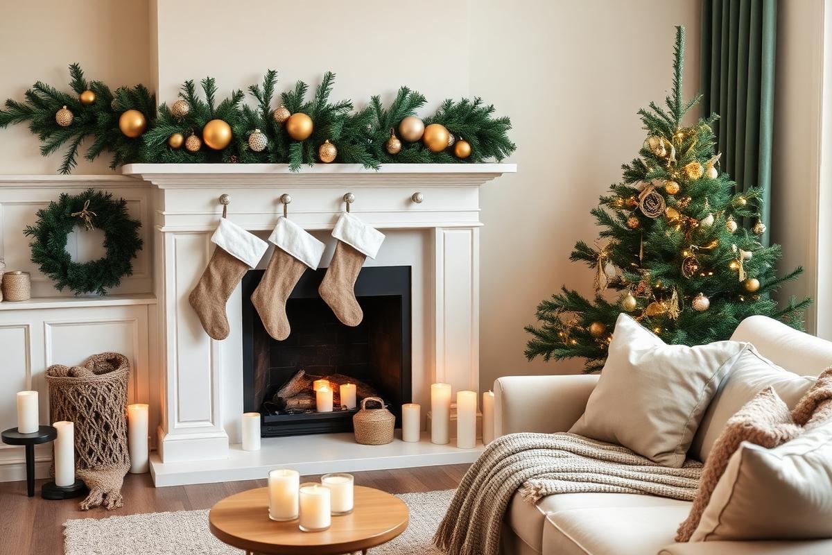 Elegant Christmas dining table with a linear centerpiece of eucalyptus, pinecones, and mercury glass votives.