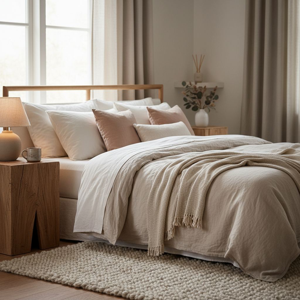 A cozy bedroom with a natural wood bedside table, warm lamp light, and a plush wool rug extending from under the bed.