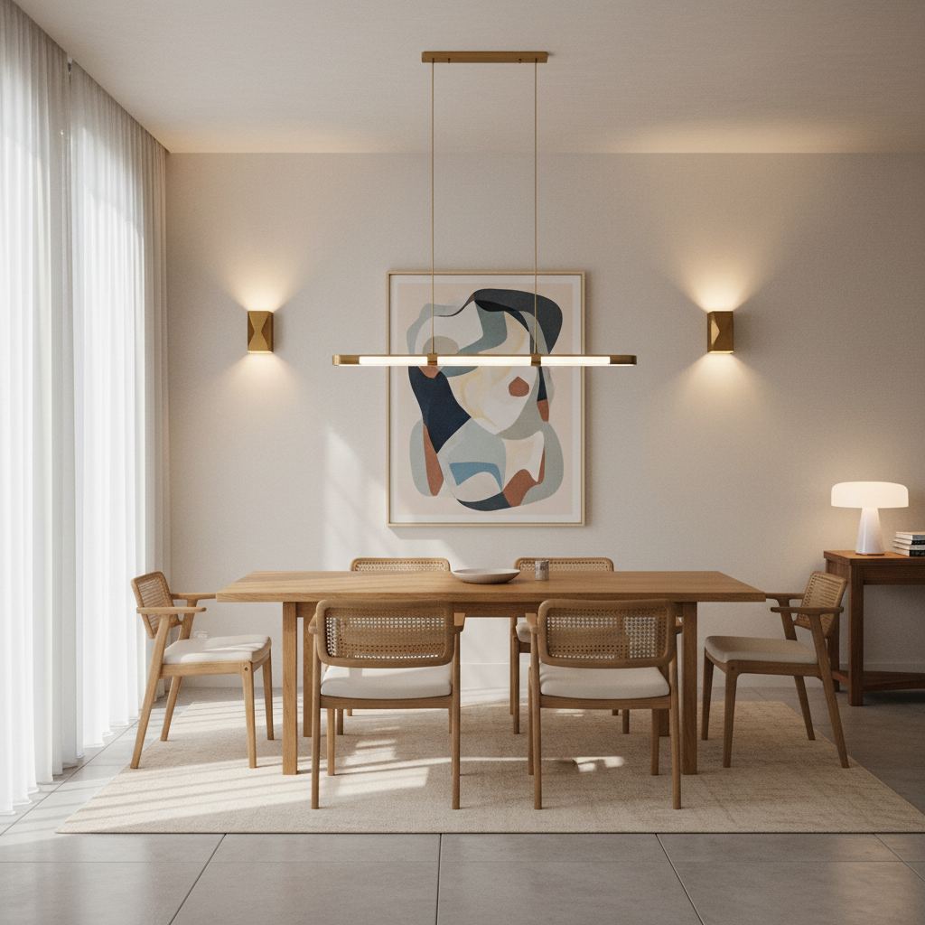 Dining room with a layered lighting scheme, showing a pendant, wall sconces, recessed lights, and a console lamp.
