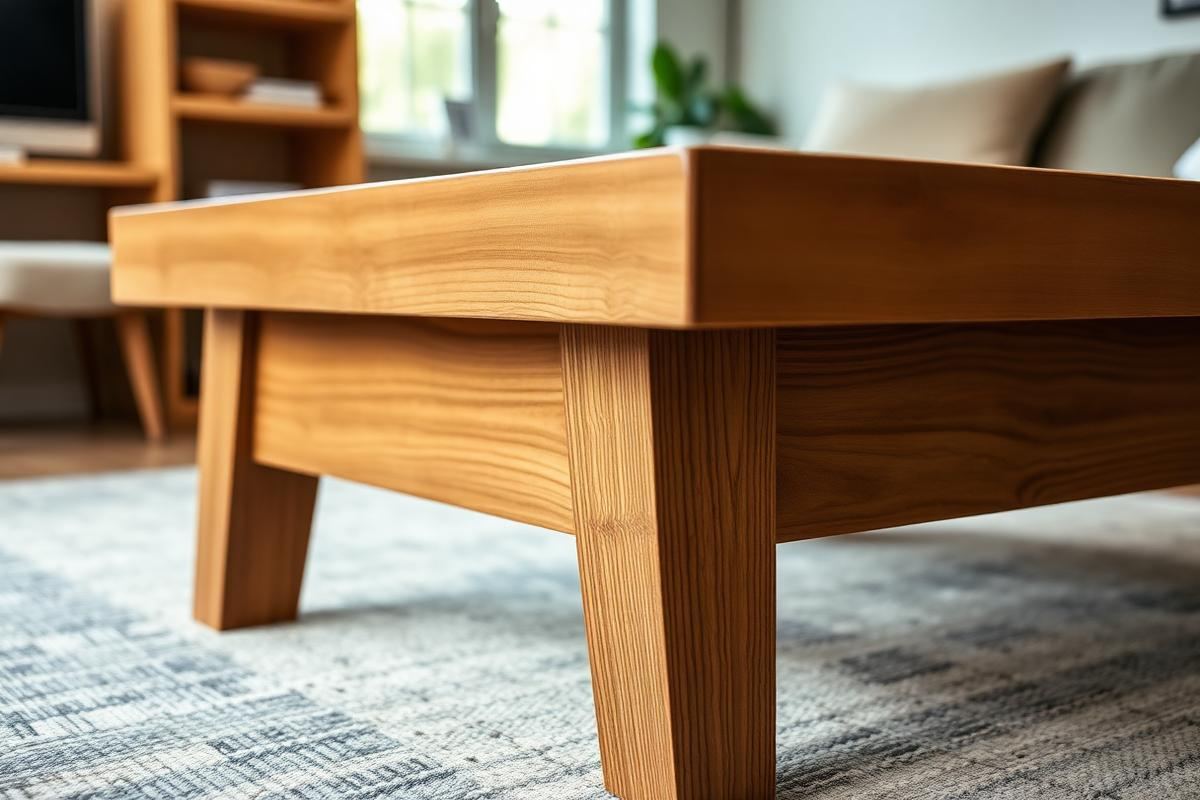 Close-up of a DIY coffee table's leg connecting to an apron with pocket-hole joinery, showcasing craftsmanship and stability.