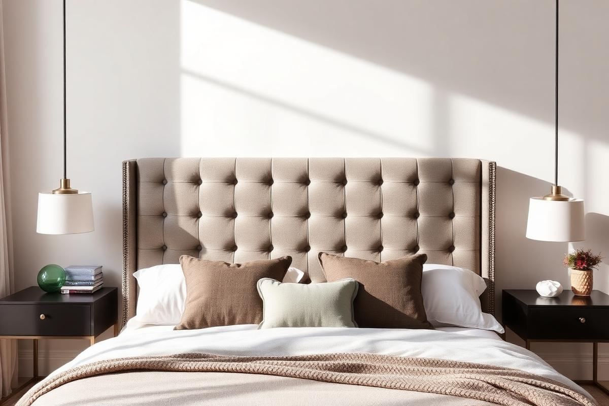 Luxurious upholstered headboard in serene bedroom with cream and beige tones, perfectly made bed, and natural light.