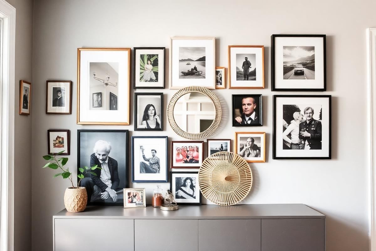 An eclectic gallery wall with varied frames, a mirror, and a woven fan above a minimalist sideboard.