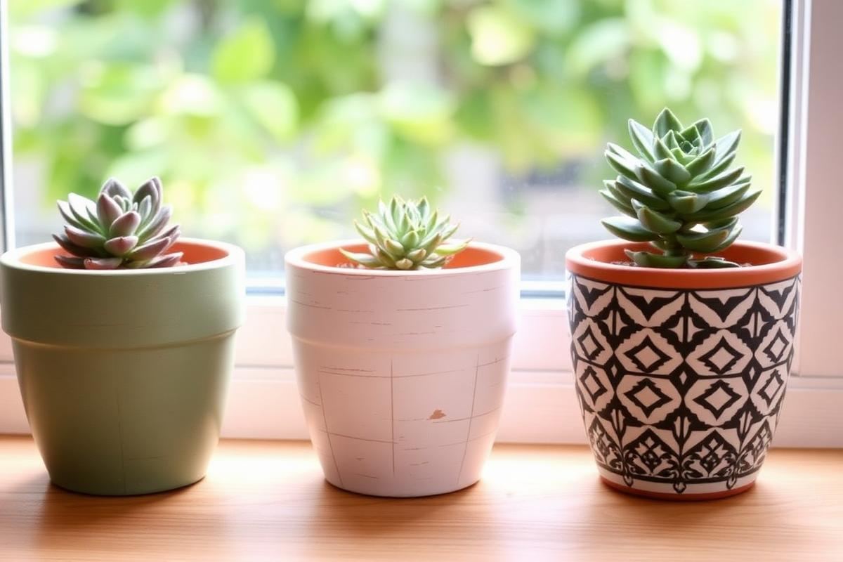 Three diverse DIY terracotta planters: sage matte, distressed white, and geometric pattern, displaying succulents on a sunlit sill.
