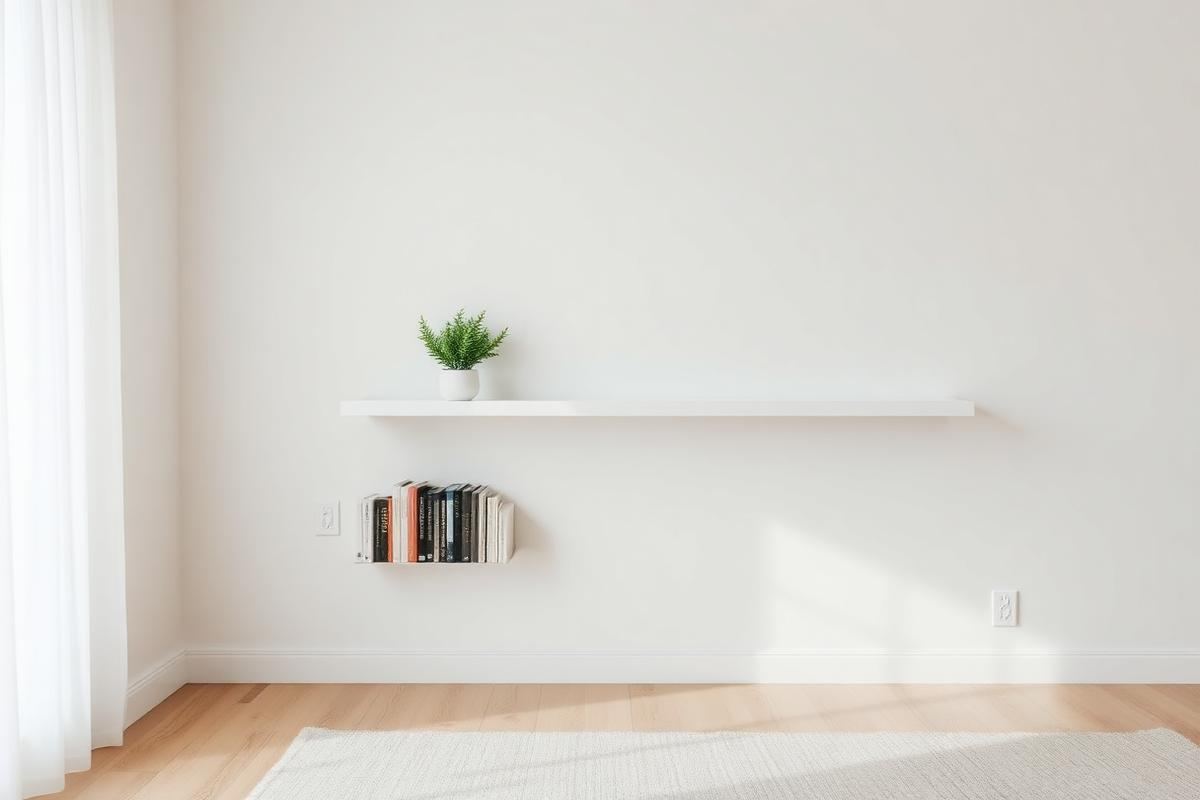White floating shelf with art books and a green plant in a minimalist living room.