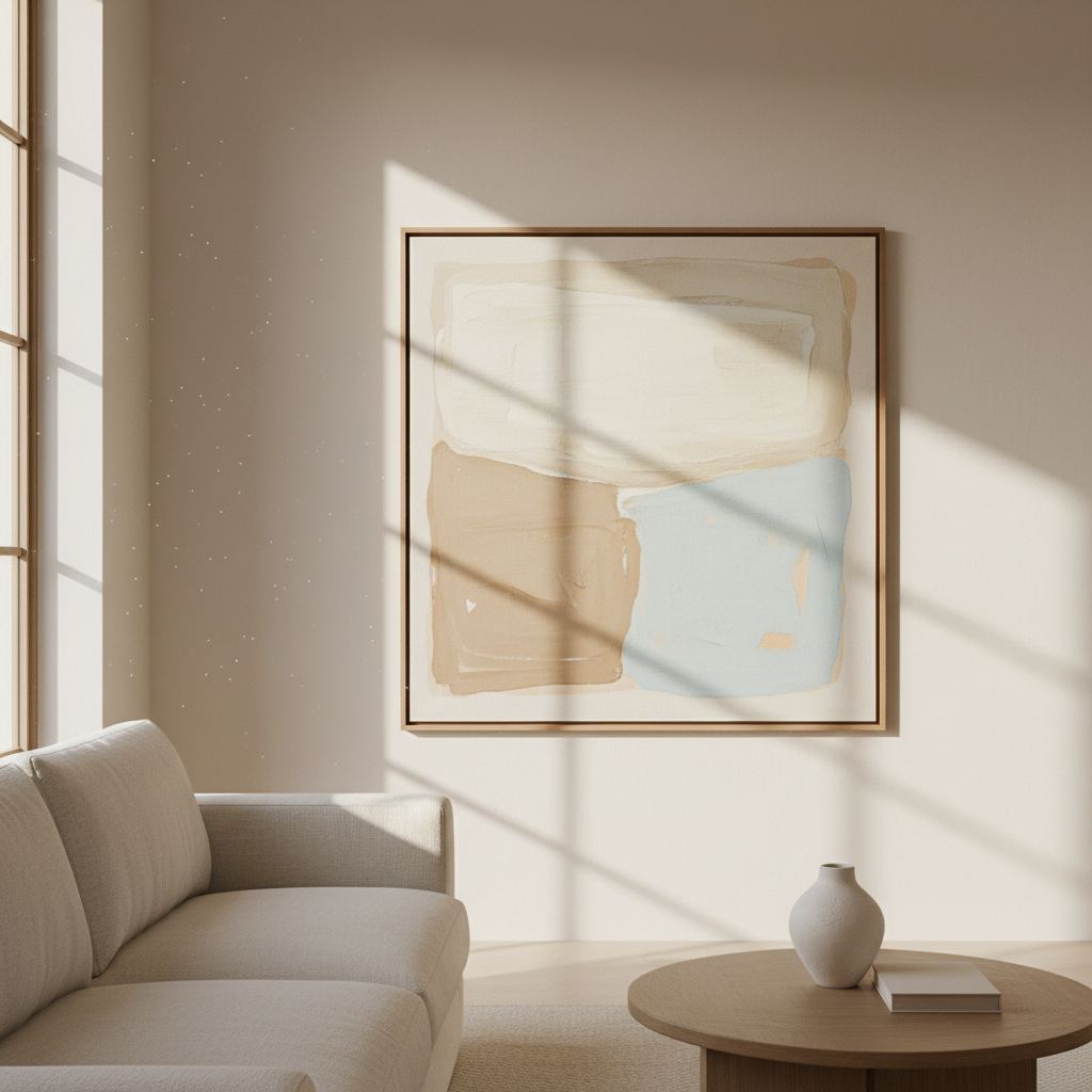 Large abstract painting in soft beiges and blues, simply framed, hanging on a white wall above a cream-colored sofa.