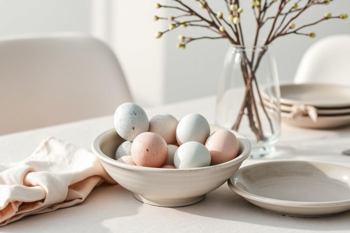 Elegant Easter tablescape with sage linen, ceramic bud vases, natural elements, and subtle place cards.