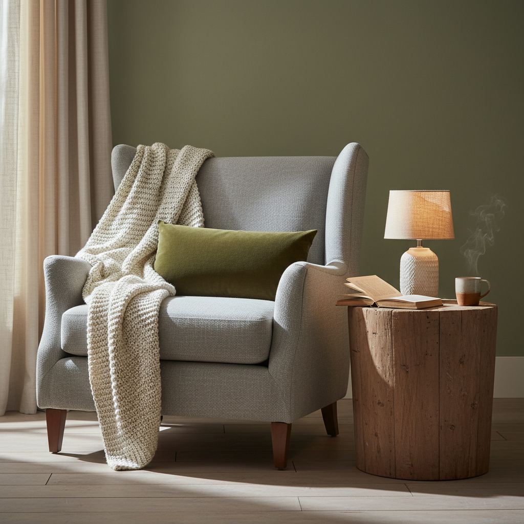A cozy reading nook bathed in warm morning light, featuring an armchair with a cream throw and olive pillow next to a lamp.