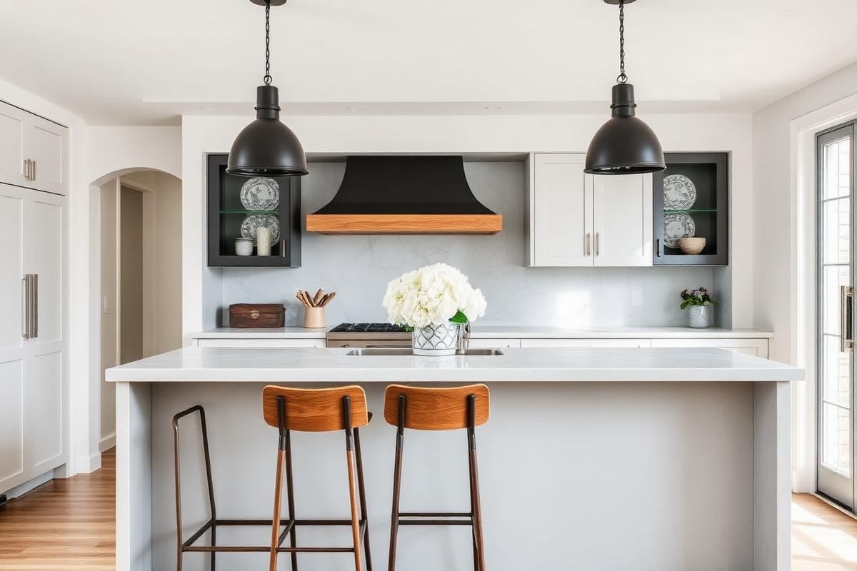 Modern farmhouse kitchen island with light grey quartz, matte black pendants, and rustic wooden stools.