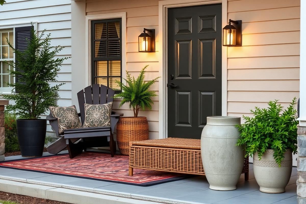 A stylish front porch with layered rugs, an Adirondack chair, storage bench, planters, and modern lighting.