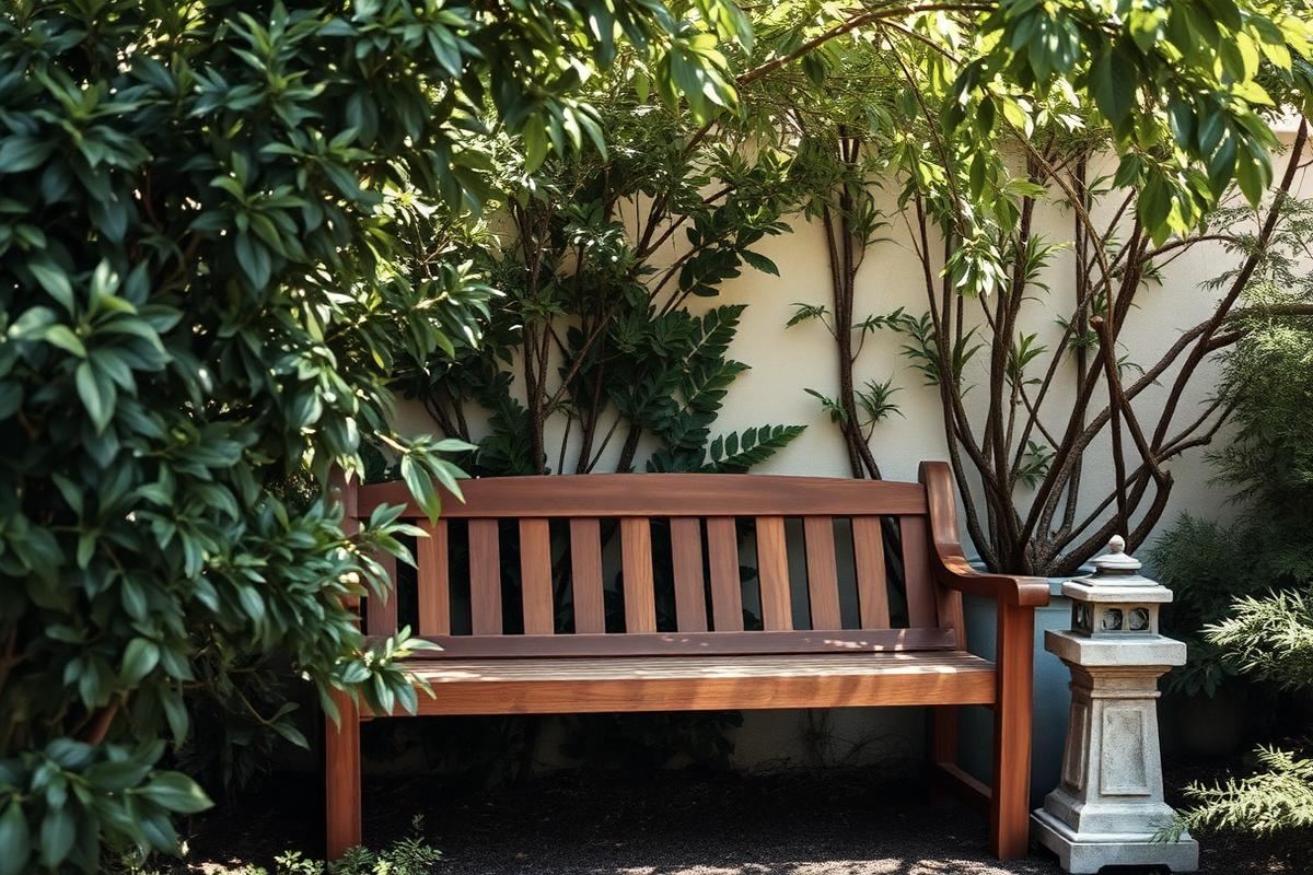 A secluded garden nook featuring a weathered teak bench, lush green foliage and a stone lantern.