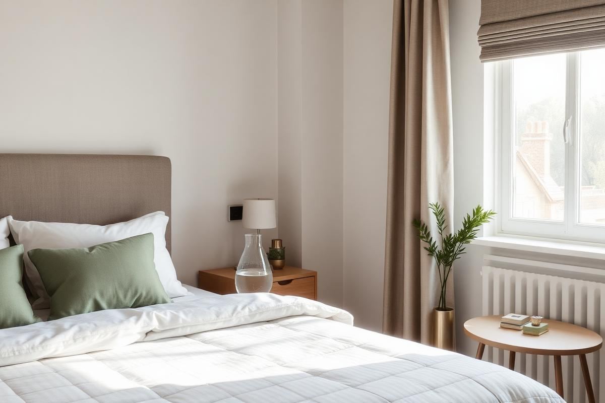 A meticulously styled guest bedroom with a white duvet, beige throw, and two pillowed. A nightstand holds a water carafe and lamp.