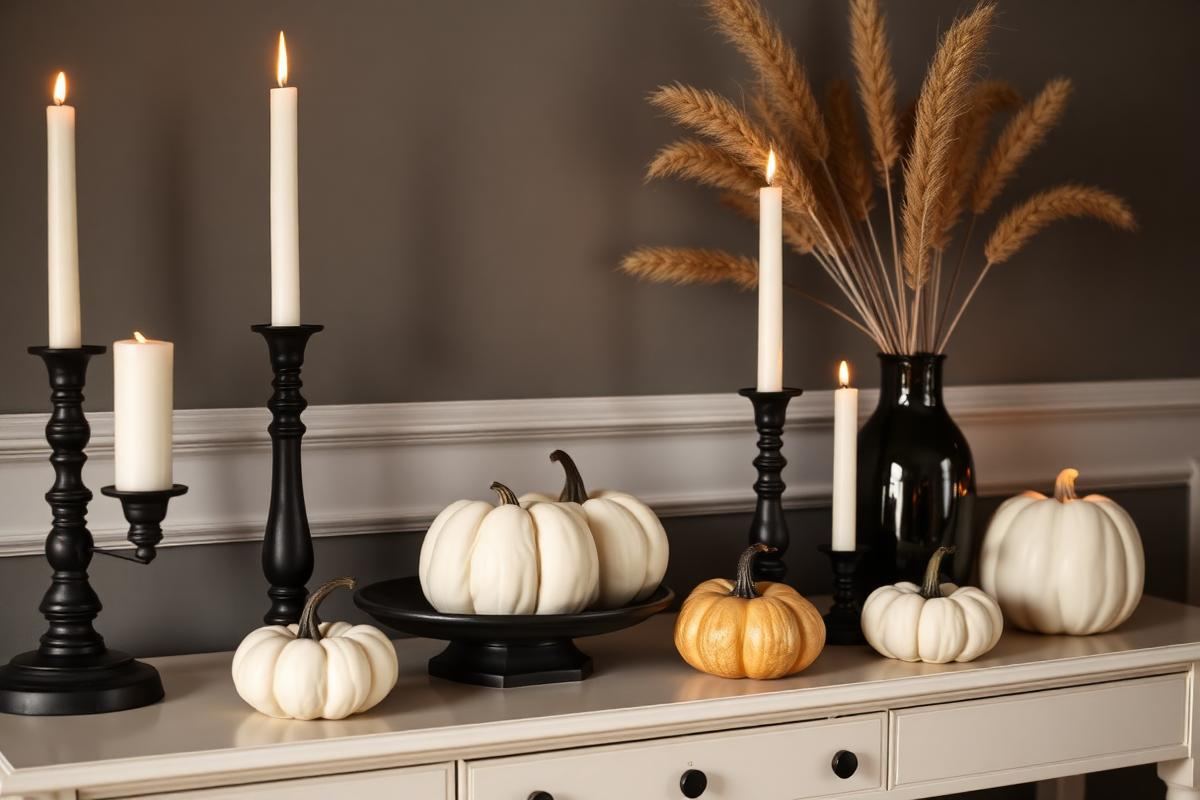 Elegant Halloween decor on a console table featuring dark bottles, a preserved butterfly, and a matte black raven.