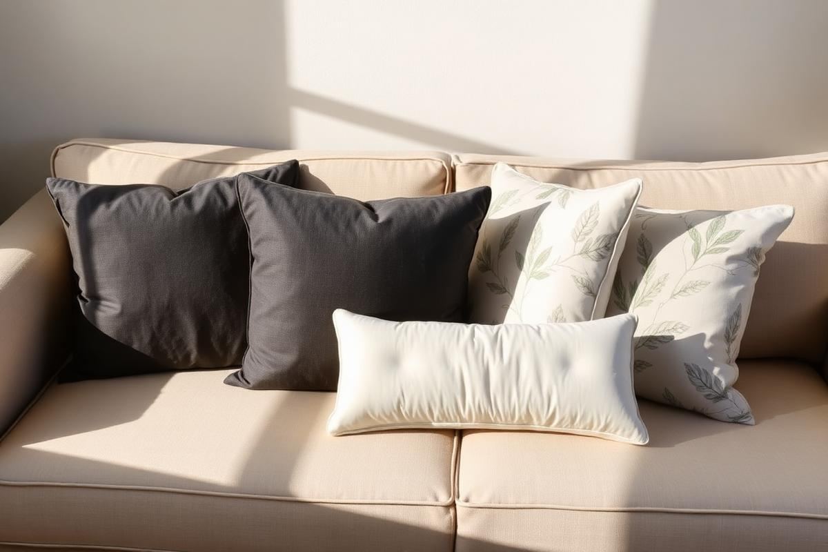 Linen sofa with well-arranged charcoal, botanical, and velvet throw pillows, featuring a soft 'karate chop' for added style.
