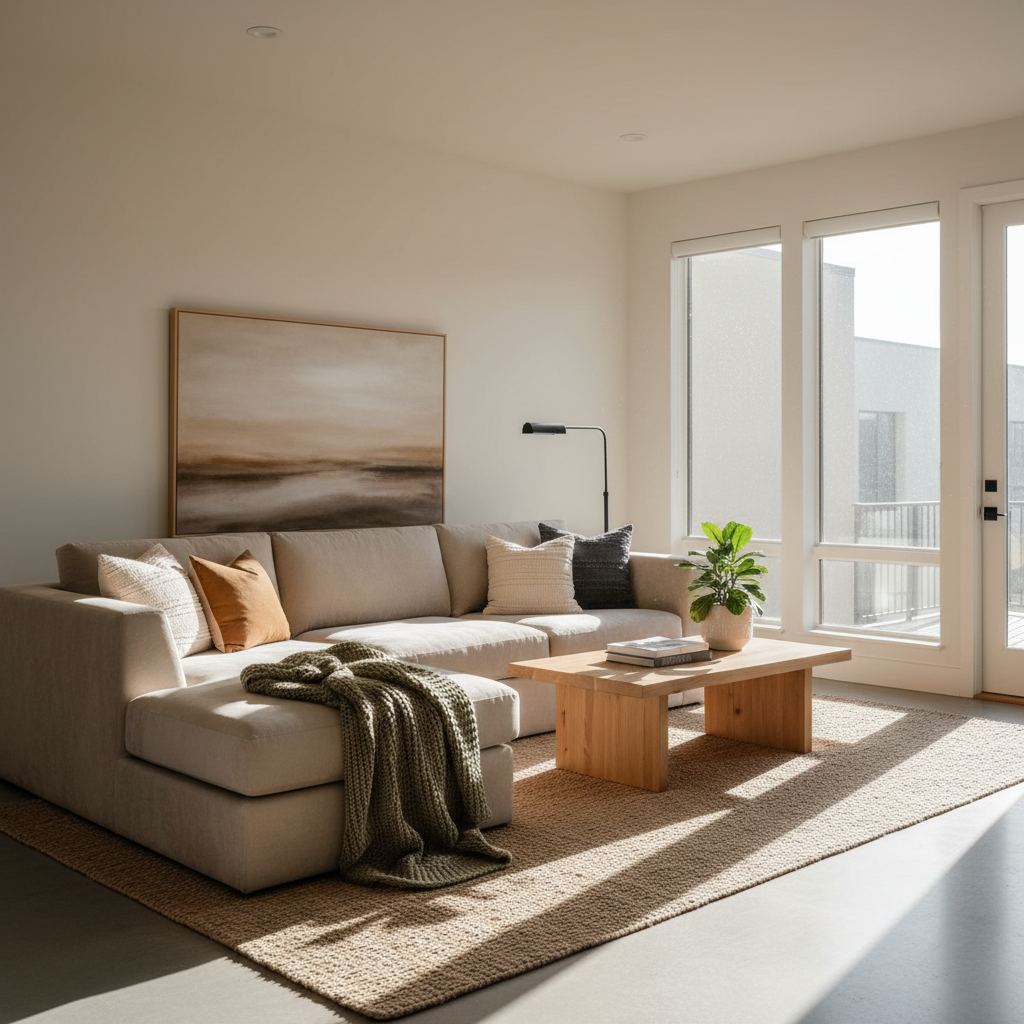 A stylish living room with a deep linen sectional sofa, layered pillows, and minimalist coffee table in natural light.