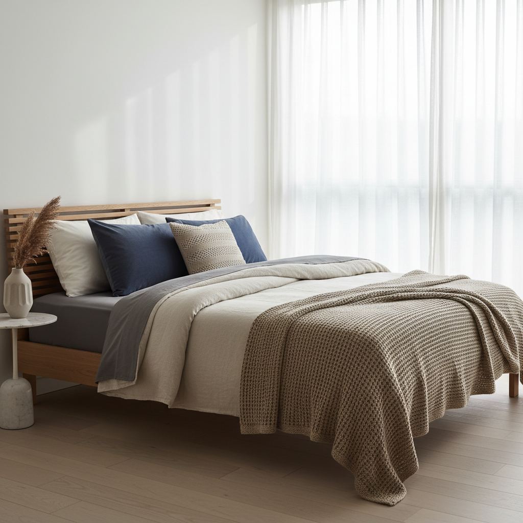 A stylishly made bed with multiple layers of bedding in muted tones, showcasing texture and softness.