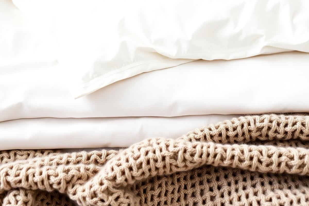 Close-up of bed layers showing a crisp cotton sheet folded over a waffle blanket with a chunky knit throw