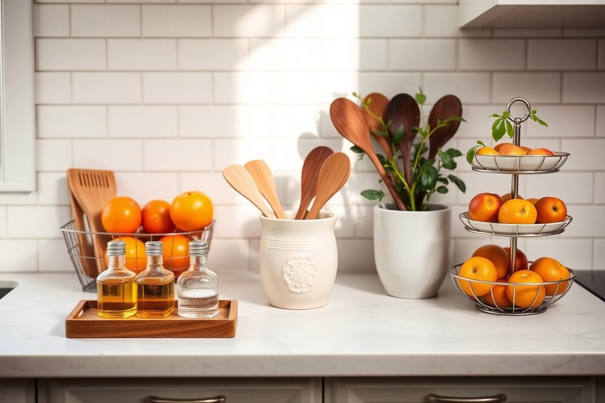 Organized kitchen counter with a wooden tray, utensil crock, fruit basket, and small herb plant.