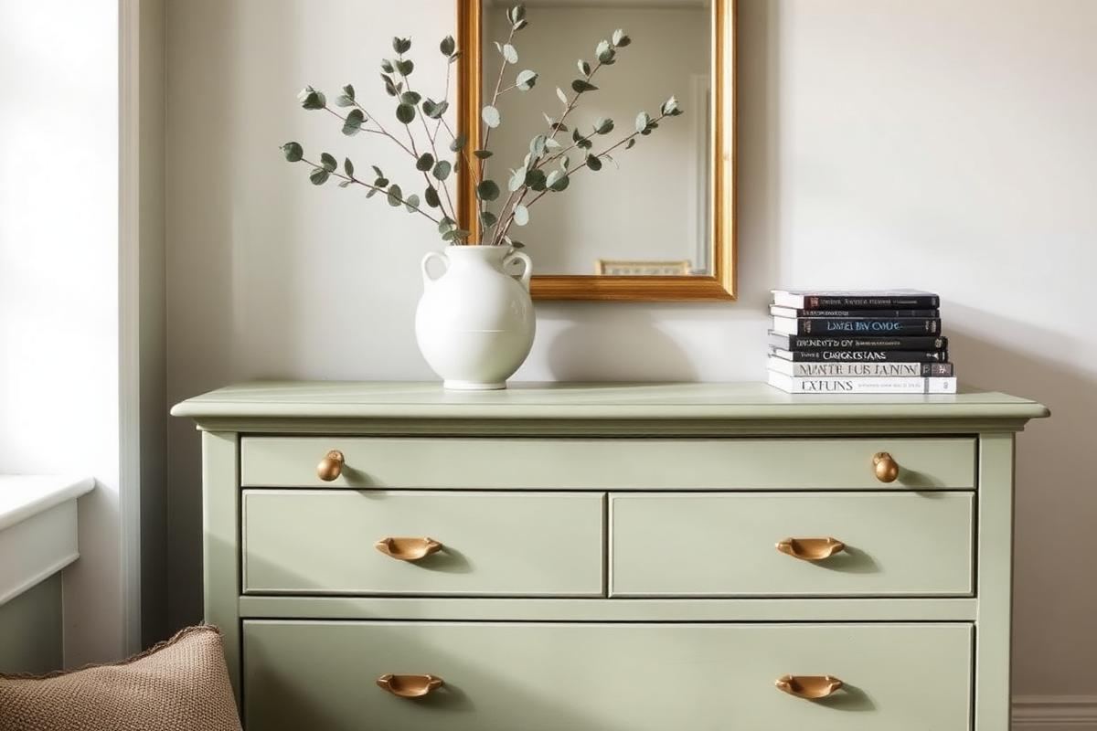 A sage green painted dresser with brass pulls, styled with eucalyptus, books, and a mirror in natural light.