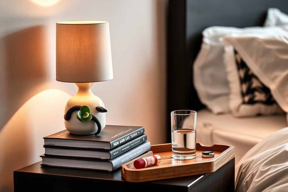 A stylish bedside table with a warm-lit lamp, snake plant, books, and personal items, bathed in natural light.