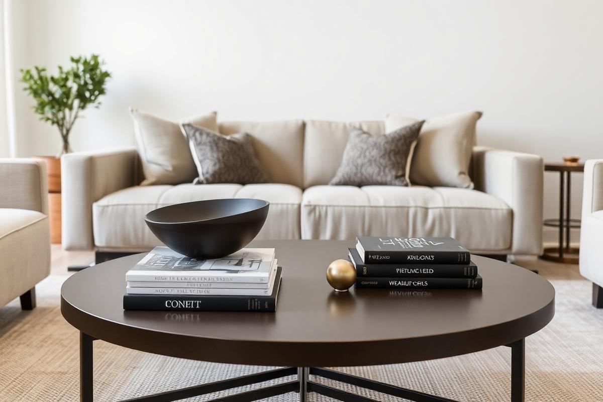 Round coffee table styled with a dark bowl, two book stacks, and a small brass sphere in front of a linen sofa