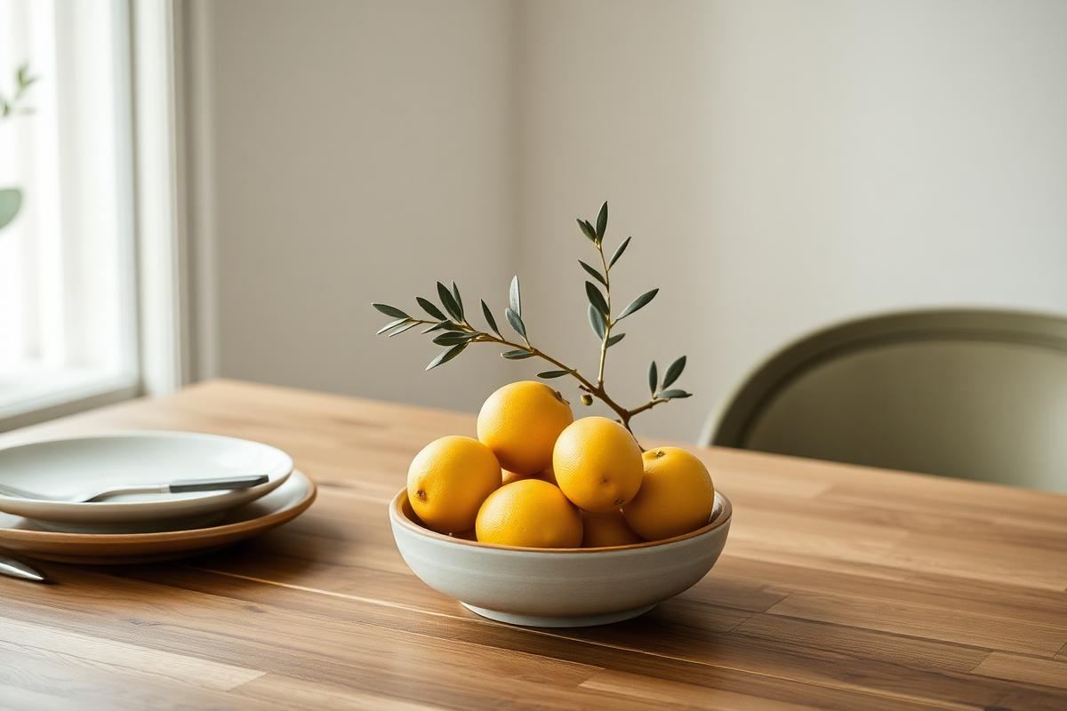 Minimal dining table centrepiece with a ceramic bowl of lemons and a small olive branch
