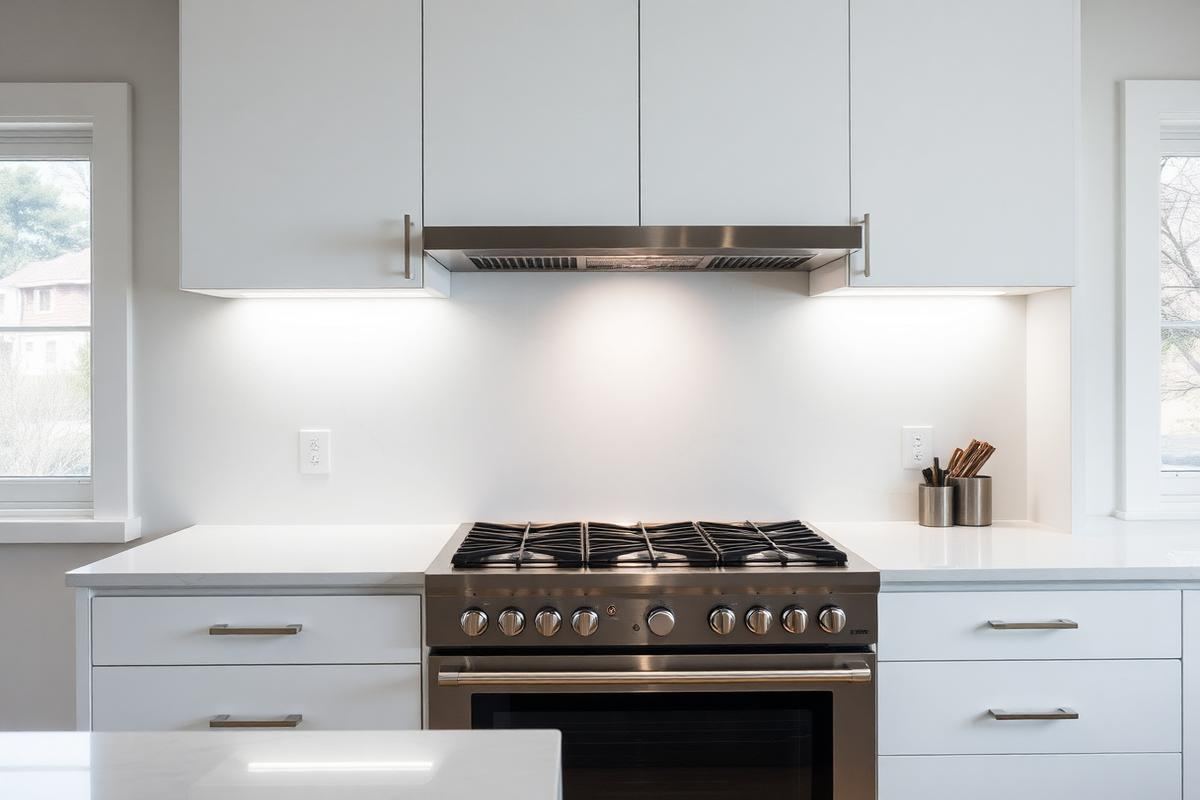 Modern kitchen with seamless white quartz slab backsplash illuminated by under-cabinet LED strip lighting.