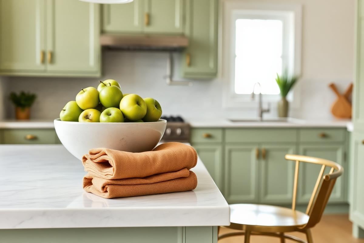 A modern kitchen island with green apples in a bowl and ochre linen towels, backed by sage green cabinets.