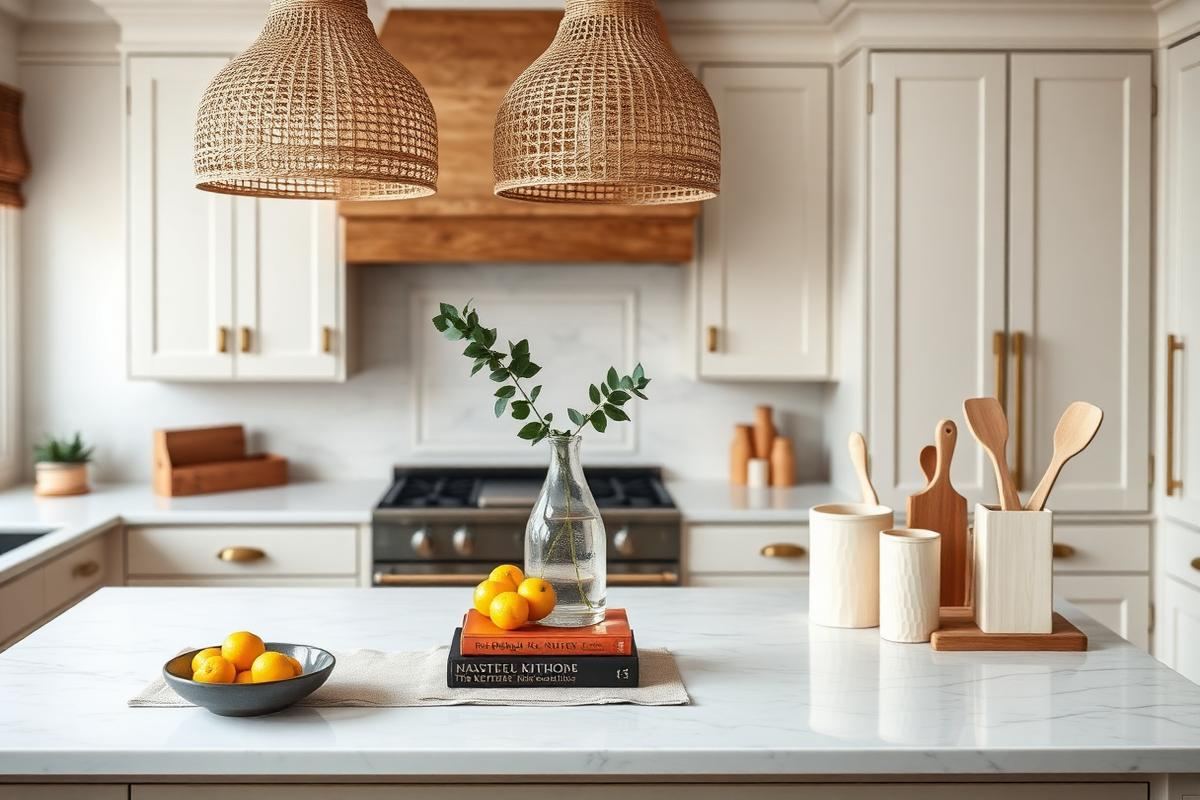 Styled kitchen island with citrus-filled ceramic bowl, cookbooks, green branch in vase, and cutting board on marble.