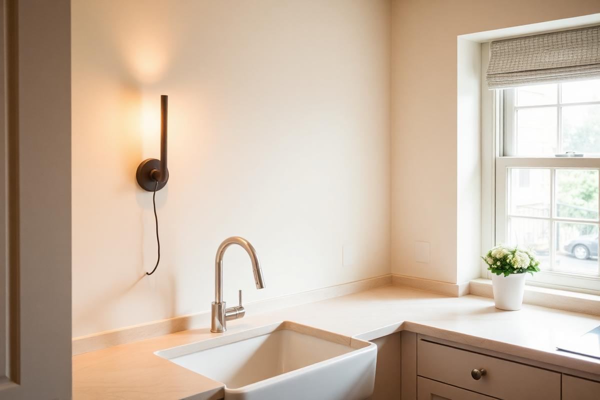 Kitchen sink area lit by a slim wall sconce with warm task lighting over the counter