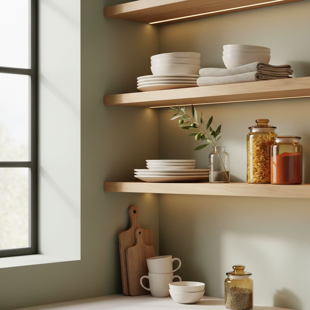 Stylishly arranged reclaimed oak open kitchen shelves with white dishes, linen towels, green plant, and amber jars, bathed in warm LED light.
