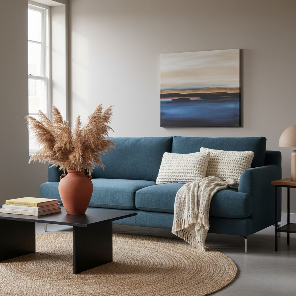 A sophisticated living room with warm grey walls, a petrol blue sofa, and terracotta accents.