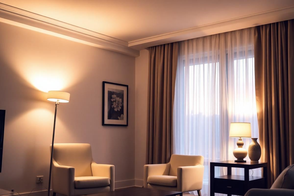 A modern living room at dusk with perfectly layered lighting including recessed lights, a floor lamp, and a table lamp.