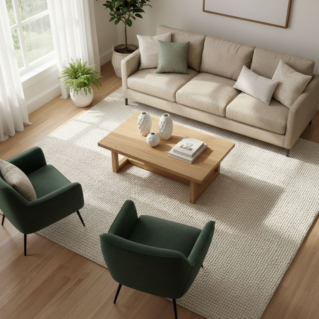 Overhead view of a living room with a large 9x12 off-white wool rug under a sofa and armchairs.