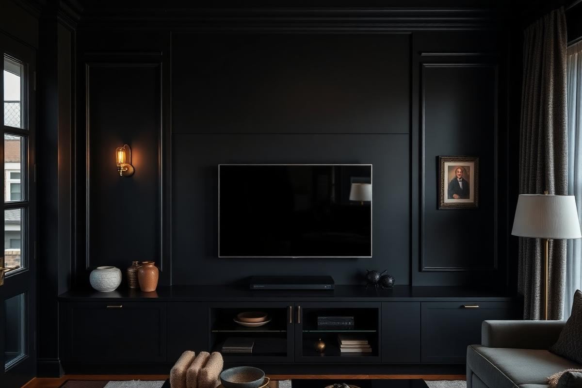 Dark painted media wall with recessed television, integrated cabinetry, and a brass picture light