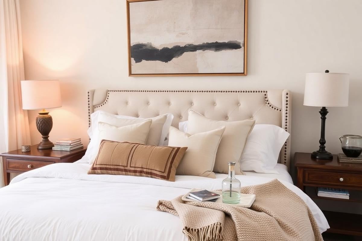 A luxurious master bedroom with layered white and neutral bedding, elegant art above the bed, and warm bedside lighting.