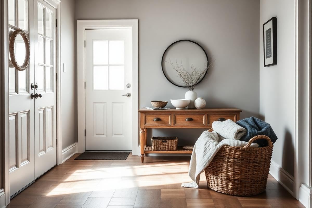 Reset living room corner with folded wool throw, ceramic vase of bare branches, and a warm table lamp on a clear side table