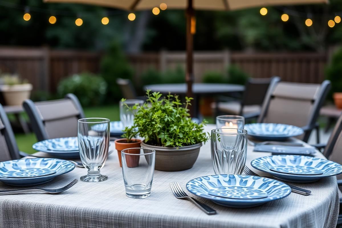 Outdoor dining table set with melamine plates, acrylic tumblers, potted herbs, and an outdoor tablecloth under a cantilever umbrella.
