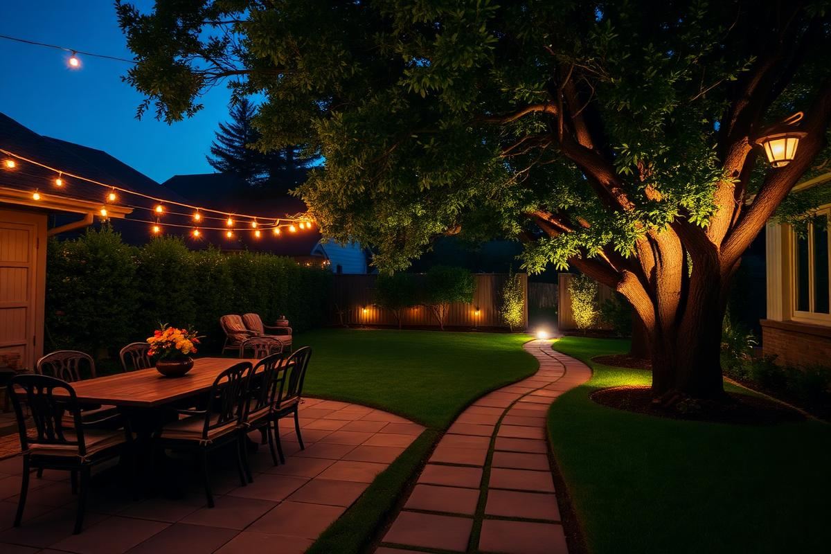 A cozy backyard at dusk, illuminated by warm string lights over a dining area, discrete path lights on a stone walkway, and an uplight on a tree.