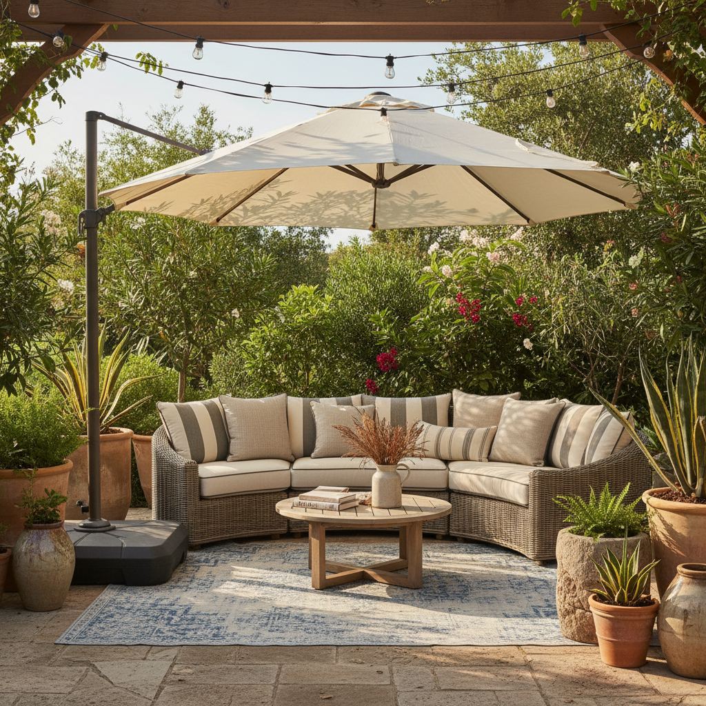 A stylish outdoor patio featuring a large cantilever umbrella, wicker sectional, potted plants, and a distressed blue rug.