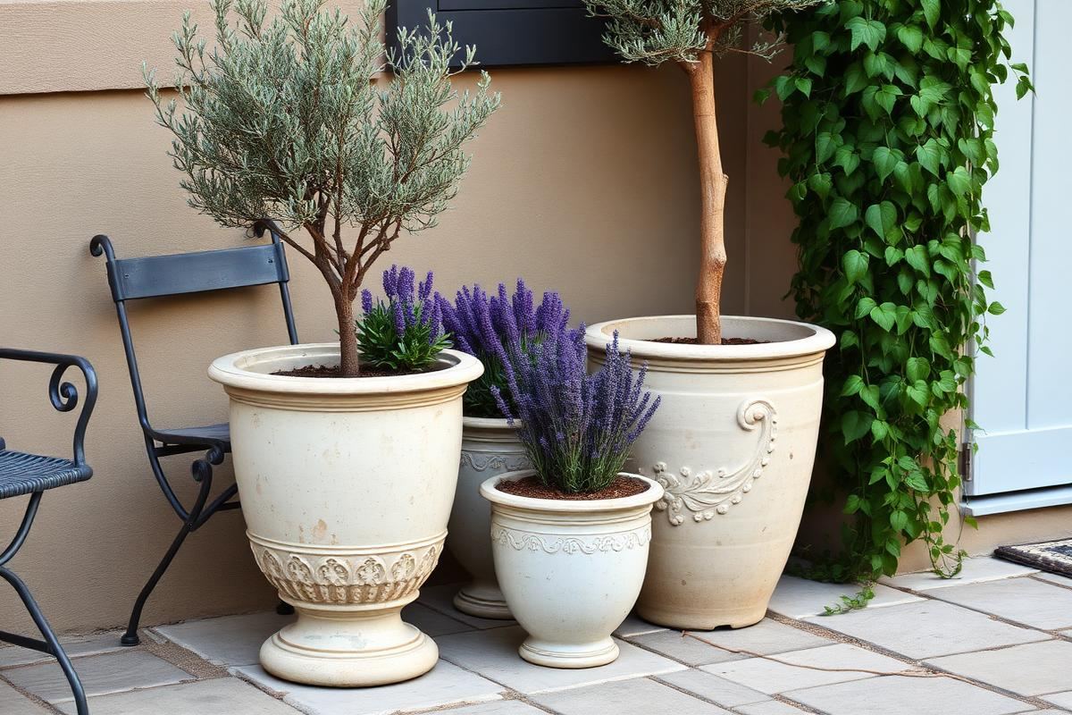 Cluster of three planters of different heights with an olive tree, lavender, and trailing ivy on a stone patio